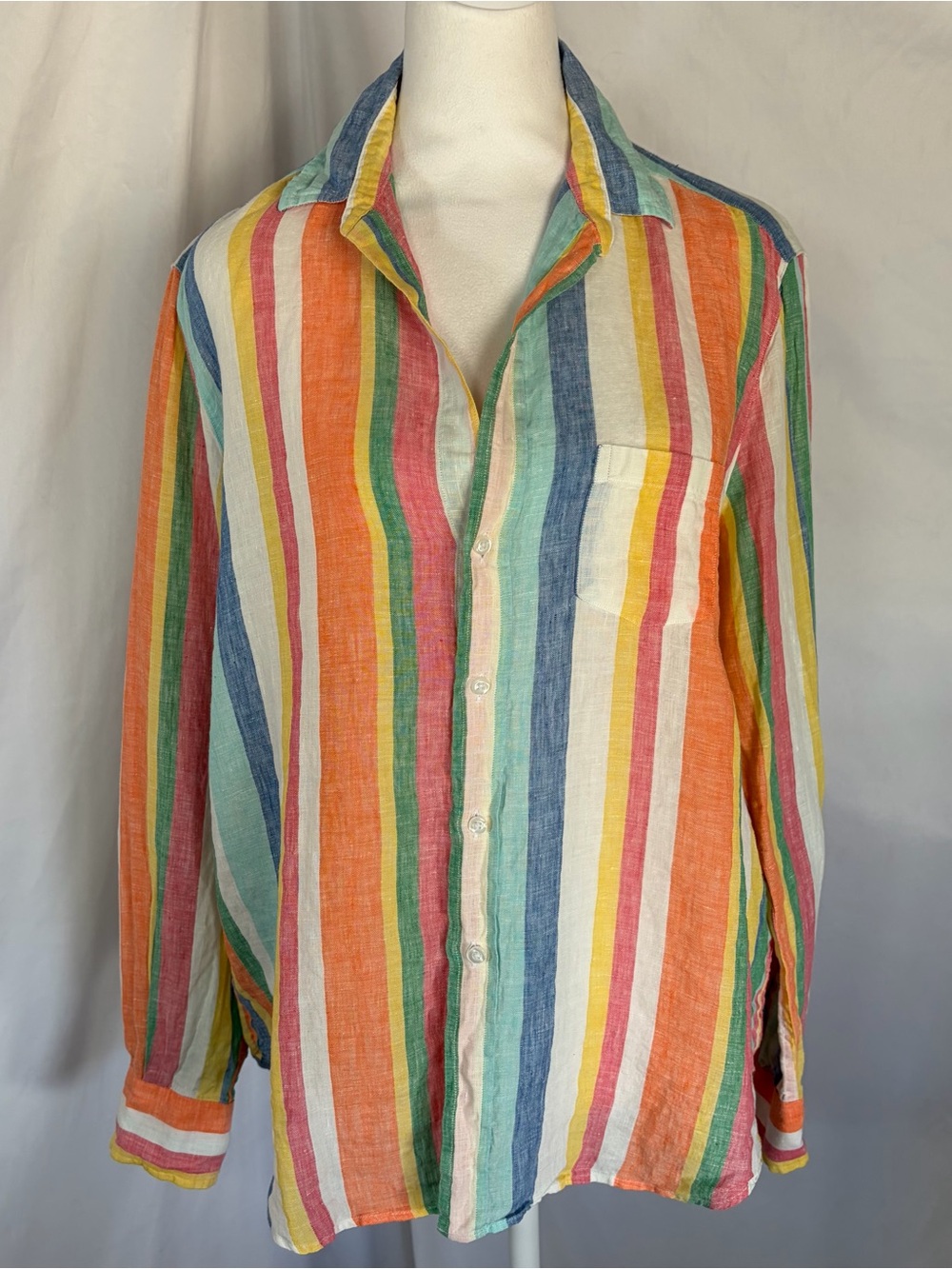 Frank & Eileen Colorful ‘Eileen’ Linen Vertical Stripe Button-Up Shirt Medium - Picture 2 of 9